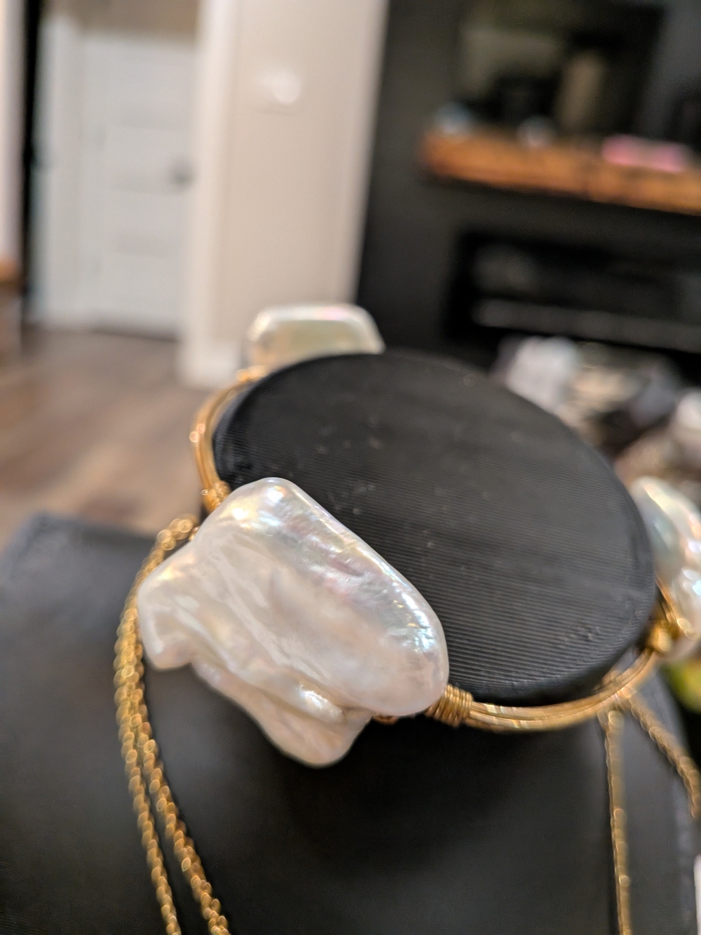 Bourbon and Bowties Gold Wire Bracelet with Iridescent White Baroque Pearls